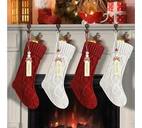 powerking Basants de Noël, Grands Bas Suspendus tricotés avec Bonhomme de Neige Bricolage Étiquettes de nom pour Manteau de cheminée, décorations d'arbre de Noël (Rouge + Blanc)