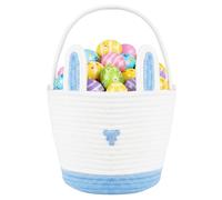 powerking Bunny Easter Basket Bags with Handle, Cotton Rope Egg Hunt Buckets Rabbit Design Portable Tote for Candy Storage, Gifts, Party, Home Decoration, Storage Organize (Blanc Bleu)