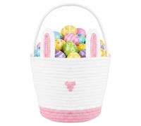 powerking Bunny Easter Basket Bags with Handle, Cotton Rope Egg Hunt Buckets Rabbit Design Portable Tote for Candy Storage, Gifts, Party, Home Decoration, Storage Organize (Blanc Pink)