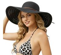 powerking Chapeau de paille à large bord en dentelle, chapeau d'été pliable pliable à visière de plage pour femmes protection UV casquette de plage pour les vacances de voyage