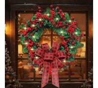 powerking Christmas Wreath for Front Door,40CM Large Lighted Outdoor Lush Pine Needle Wreath with Red Berries and Bow，Xmas Wreath for Home Porch Fireplace Window Holiday Wall Decor