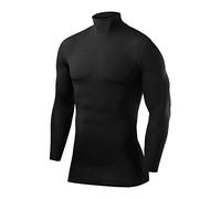PowerLayer Tee Shirt Compression Homme - T Shirt Compression Homme Manches Longues pour Football Running - Col Rond Montant - Noir - Col Montant, XL