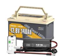 PowerQueen Batterie au lithium véhicule 12V140Ah Batterie LiFePO4 avec Bluetooth 5.0 sous siège hauteur 189mm + 12V20AChargeur