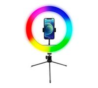 Powerton ring light 10 ", RGB LED, réglage de l'intensité lumineuse, de la couleur et de la luminosité, support de téléphone et trépied