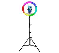 Powerton ring light 13", RGB LED, grand, réglage de la couleur et de l'intensité lumineuse, support de téléphone et trépied