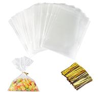 Powmag Sachet Bonbons Anniversaire, Transparentes Plastique Anniversaire avec 200 pièces Or Nœuds à Tirer adaptés Bonbons Cadeaux Petits Gâteaux Et Jouets (15x20 cm)