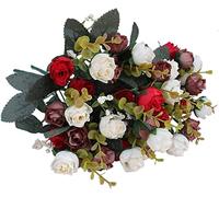 powomuge 21Fleurs Roses Artificielles, Longues Tiges Fausse Roses Fleur de Soie pour Bouquet de Mariée, Décoration de Fête à la Maison, Mariage,Hôtel, Jardin (Rouge)