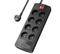 POWSAF Multiprise 12-en-1 avec 8 Prises + 4 Ports USB, Bloc de Prises 3680W/230V avec Interrupteur, pour Maison/Bureau - Noir