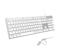POWZAN Clavier filaire rétroéclairé pour Windows/Mac, clavier fin et assez complet en aluminium avec double interface USB A/USB C, compatible avec iMac, MacBook, iPad, ordinateur portable, PC, blanc