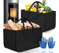 POWZOO 2 Pièces Panier à Bois de Chauffage,35L,avec Gloves,Poignées,Pliable,Robuste en Sac en Feutre,ac a Buches Cheminée,Pour Bois de Chauffage Journau,Jouets,Shopping (46.5 x 27.5 x 27.5cm,Noir)