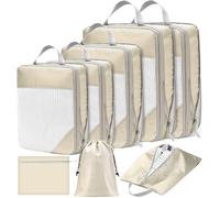 POWZOO 8 Pièces Organisateur de Voyage,Packing Cubes Compression,Organisateur Valise,per Vêtements, Chaussures et Cosmétiques,rangement valise organisateur.(Beige)