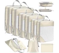 POWZOO 9 Pièces Organisateur de Voyage,Packing Cubes Compression,Organisateur Valise,per Vêtements, Chaussures et Cosmétiques,rangement valise organisateur.(Beige)