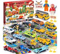 POWZOO Calendrier de l'Avent 2025, 31 Pièces avec 16 Voitures (4 Police,6 Sportives,6 Routières),14 Panneaux de Signalisation,1 Tapis de Ville,Calendriers de l'avent,Jouet Enfant Cadeau pour 1-6 Ans