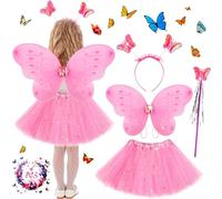 POWZOO Costume Papillon Enfants,4 pièces Déguisement de fée Papillon rose,Tutu+Ailes+Baguette+Serre-tête.Déguisement Papillon pour Enfants 3-8 Ans. Anniversaire,Halloween,Carnaval Fête Déguisement.