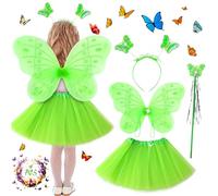 POWZOO Costume Papillon Enfants,4 pièces Déguisement de fée Papillon Vert,Tutu+Ailes+Baguette+Serre-tête.Déguisement Papillon pour Enfants 3-8 Ans. Anniversaire,Halloween,Carnaval Fête Déguisement.