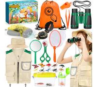 POWZOO Kit Exploration Enfant,21 pcs Ensemble Explorateur Extérieur Jouets,avec Gilet et Chapeau,Jumelles,Boussole,loupe et Plus Encore,Cadeau d'exploration de la Nature et d'aventure pour Enfants.