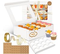 POWZOO Lot de 16 Boîtes à Cupcakes,Boîte à Muffins à Cupcakes,pour Cadeaux et Gâteaux Maison avec Fenêtre Transparente et Autocollants,Ruban,pour Cupcakes Muffins Décoratifs.(Blanc,12 Trous)