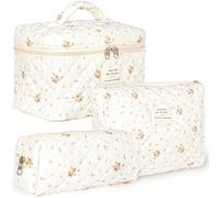 POWZOO Lot de 3 Trousse de Toilette Femme Voyage,Motif Floral Trousse de Maquillage en Coton,Trousse Maquillage Femme,Pochette de Rangement,Makeup Bag Grande Capacité,pour Fille Femmes. (White)