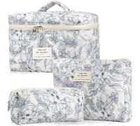 POWZOO Lot de 3 Trousse de Toilette Femme Voyage,Motif Floral Trousse de Maquillage en Coton,Trousse Maquillage Femme,Pochette de Rangement,Makeup Bag Grande Capacité,pour Fille Femmes.(Bleu)
