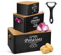 POWZOO Lot de 4 Boite pomme de terre,bocaux rangement cuisine des pommes de terre,oignons,avec éplucheur,Rangement en métal Conception aérée,garde les légumes frais plus longtemps(Noir)