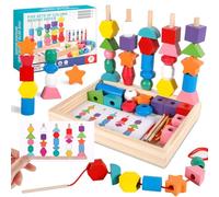 POWZOO Montessori Jouet,3 en 1 Jouets de Perles de laçage en Bois,Empilable y Enfiler Jouet,Tri Jouets,Développer la Pensée et Les Compétences Pratiques de Votre Enfant.pour Les 3 4 5 Ans et Plus.