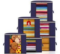 POWZOO Sac de Rangement,Lot de 6 Sac Rangement Vetement,avec Poignée Boite Rangement Déménagement,Non-Tissé Pliables Sac de Rangement sous lit,pour Couette Vêtements Couvertures Oreillers Jouets(Bleu)