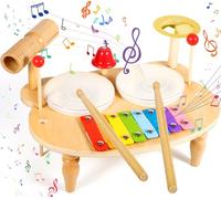 POWZOO Tambour Jouet Bebe,10 en 1 Jouets pour bébés Instruments de Percussion,Instrument de Musique Ensemble de Batterie pour Enfants,Table Musicale en Bois,Jouets de Percussion Montessori(3-5ans)
