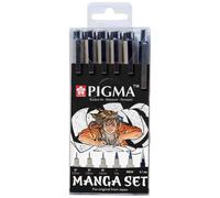 Sakura Pigma - Set Manga, 6 feutres noirs + porte-mine, 3 pointes calibrées, brush pen