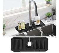 PoYang Tapis de robinet de 37,6 cm pour évier de cuisine - Protection contre les éclaboussures derrière le robinet, protection d'évier pour évier de cuisine, tapis de drainage court en silicone, noir