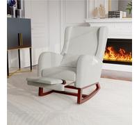 POYHKFD Fauteuils de Salon à Bascule, Fauteuil à Bascule Rembourré, Rocking Chair Scandinave avec Base en Bois, Repose Pieds Épais, 2 Poches Latérales, 1 Coussin Lombaire (Gris+Repose Pieds)