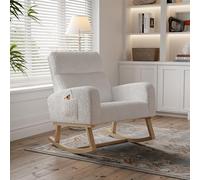 POYHKFD Fauteuils de Salon à Bascule, Fauteuil à Bascule Rembourré, Rocking Chair Scandinave avec Base en Bois, Peluche, 2 Poches Latérales, Fauteuil 1 Place pour Bureau, Salon (Daim Blanc)