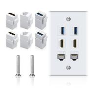 Poyiccot Keystone Plaque murale pour 6 ports Ethernet, HDMI, USB, 2 x HDMI + 2 x Ethernet Cat6 RJ45 + 2 x USB 3.0 femelle vers femelle Keystone pour cache-plaque murale de câble, blanc