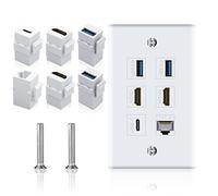 Poyiccot Plaque murale de sortie pour HDMI Ethernet & USB 3.0 & USB C, 6 ports 2 x HDMI HDTV + 2 x USB 3.0 + 1 x Ethernet RJ45 + 1 x USB C Keystone Plaque murale pour cache-câble Blanc