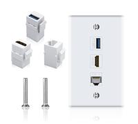 Poyiccot Plaque murale HDMI RJ45, 3 ports HDMI, 1 prise HDMI femelle vers femelle + 1 Ethernet RJ45 Cat6 + 1 prise jack USB 3.0 Keystone pour plaque frontale - Blanc