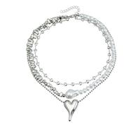 Poystng Edgy Sweet Alliage Coeur Collier avec Perles Accent Réglable Clavicule Chaîne Bijoux pour Femmes Filles Fête Date Nuit Bijoux