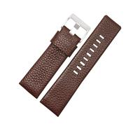 Poyuad Bracelet en cuir unisexe de 24 mm, 26 mm, 28 mm, 30 mm, longueur 20 cm, motif litchi élargi, doux et confortable, accessoires remplaçables,Boucle marron argentée,28 mm