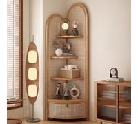 PP-Vic Étagère De Rangement D'angle Multifonctionnelle En Rotin, Bibliothèque Sur Pied En Bois Massif À Quatre Niveaux, Support De Rangement Incurvé Autoportant, Adapté Aux Coins Du Salon,Natural