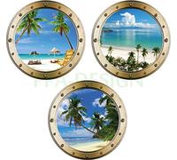 PPA DESIGN Sticker Mural Trompe l'oeil Hublot Plage Palmiers Transat - Pack de 3 Hublots - Packhu007 (20x20cm)