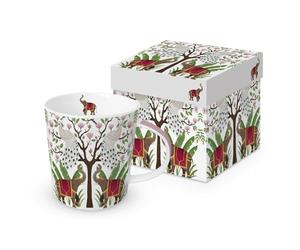 PPD Tasse en porcelaine avec motifs d'animaux, éléphants et paons sur l'arbre, dans un coffret cadeau assorti. Tasse à motif pour la table dressée et comme cadeau, 0,4 x 9,7 cm (L x H)