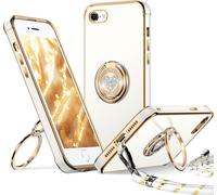 Ppdaz-Coque Pour Iphone 8/7/Se 2022/Se 2020, Avec Double Anneau De Support C?ur, Avec Lanière Pour Filles Et Femmes, Coque De Protection De Luxe Mignonne Et Scintillante, Blanc