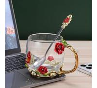PPEA Tasse à café en verre émaillé - Cadeau d'anniversaire pour maman - Tasse à café en verre sans plomb avec cuillère en acier - Cadeau pour femme, épouse, maman, enseignante, amie, Saint-Valentin,