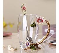 PPEA Tasse à café en verre émaillé - Cadeau d'anniversaire pour maman - Tournesol - Sans plomb - Tasse à thé avec cuillère en acier - Cadeau pour femme, épouse, maman, enseignante, amie