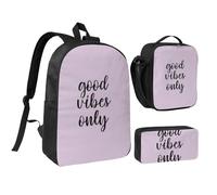 PPHGUT Good Vibes Only Ensemble cartable avec imprimé sac à déjeuner, trousse à stylos, école, activités de plein air, shopping