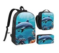 PPHGUT Magnifique sac d'école avec imprimé dauphins du monde sous-marin - Sac à déjeuner, trousse à stylos - Pour garçons et filles - Activités de plein air - Shopping
