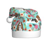 PPHGUT Sweet Basset Hound Chapeau de Noël pour adulte Imprimé floral pour Nouvel An Célébrations festives Chapeaux saisonniers Chapeau de Père Noël