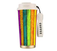 PPHGUT Tasse à café en acier inoxydable avec impression de planche en bois colorée pour bureau, camping, randonnée, aventures en plein air, tasse de voyage