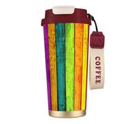 PPHGUT Tasse à café en acier inoxydable avec impression de planche en bois colorée pour bureau, camping, randonnée, aventures en plein air, tasse de voyage