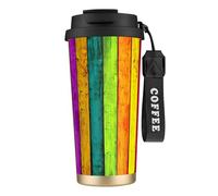 PPHGUT Tasse à café en acier inoxydable avec impression de planche en bois colorée pour bureau, camping, randonnée, aventures en plein air, tasse de voyage