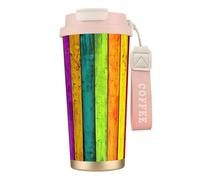 PPHGUT Tasse à café en acier inoxydable avec impression de planche en bois colorée pour bureau, camping, randonnée, aventures en plein air, tasse de voyage