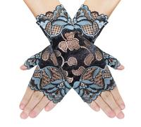 PPhtony Gants courts en dentelle pour femme des années 80 - Gants de soirée opéra, de mariage, de protection solaire - Mitaines florales pour fille, Halloween, cosplay, Bleu lac clair et noir, taille